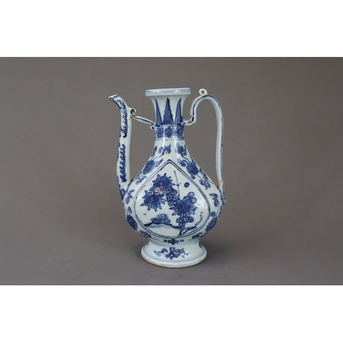 82 - A Blue and White Ewer, late Ming dynasty, of elegant Islamic metal form, the pear shaped vase with l... 