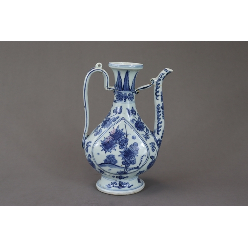 82 - A Blue and White Ewer, late Ming dynasty, of elegant Islamic metal form, the pear shaped vase with l... 