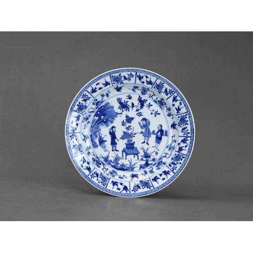 89 - A Rare Blue and White European Subject Dish, Kangxi, decorated in good blue with a central medallion... 