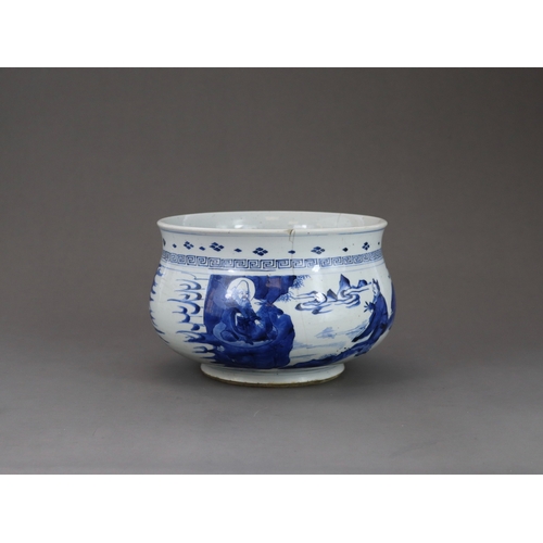 91 - A Blue and White 'Eight Immortals' Censer, Kangxi, the bombe sides well painted in rich cobalt with ... 