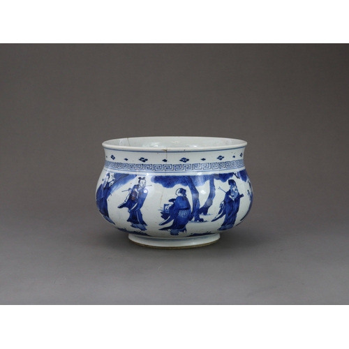 91 - A Blue and White 'Eight Immortals' Censer, Kangxi, the bombe sides well painted in rich cobalt with ... 