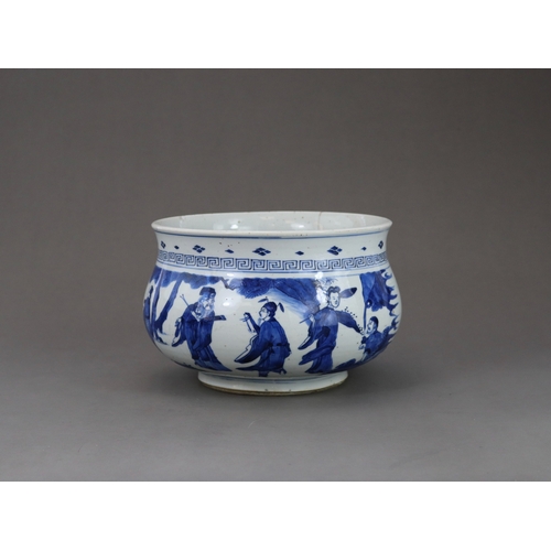 91 - A Blue and White 'Eight Immortals' Censer, Kangxi, the bombe sides well painted in rich cobalt with ... 