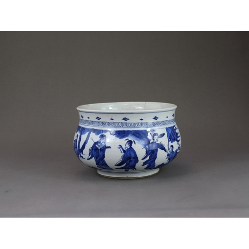 91 - A Blue and White 'Eight Immortals' Censer, Kangxi, the bombe sides well painted in rich cobalt with ... 