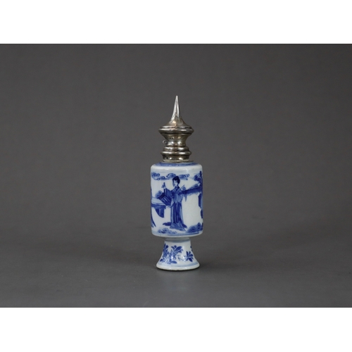 97 - A Blue and White Vase with Ladies, Kangxi,  with Dutch 19th century silver mount, the small soft pas... 