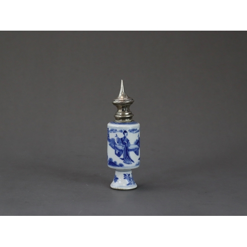 97 - A Blue and White Vase with Ladies, Kangxi,  with Dutch 19th century silver mount, the small soft pas... 