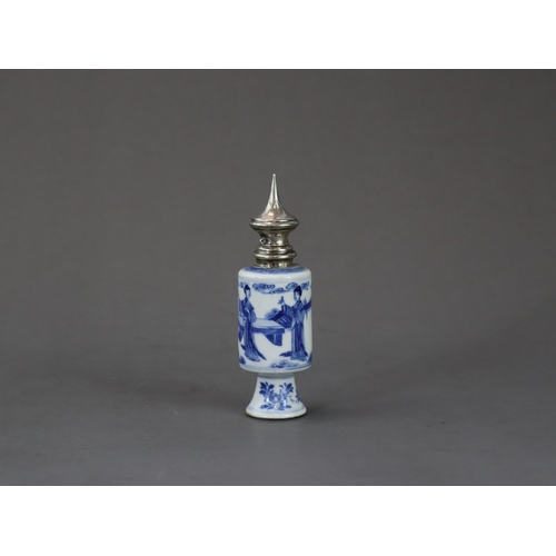 97 - A Blue and White Vase with Ladies, Kangxi,  with Dutch 19th century silver mount, the small soft pas... 