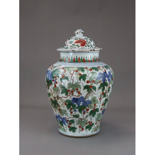 107 - A 'famille verte' Squirrel and Grapevine Jar, and a cover, early Kangxi the baluster sides well pain... 