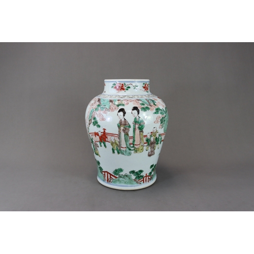 108 - A 'famille verte' Jar and Cover with Boys, early Kangxi, the baluster sides well enamelled between  ... 