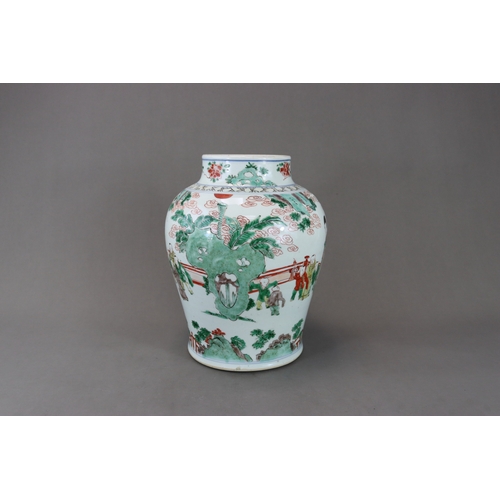 108 - A 'famille verte' Jar and Cover with Boys, early Kangxi, the baluster sides well enamelled between  ... 