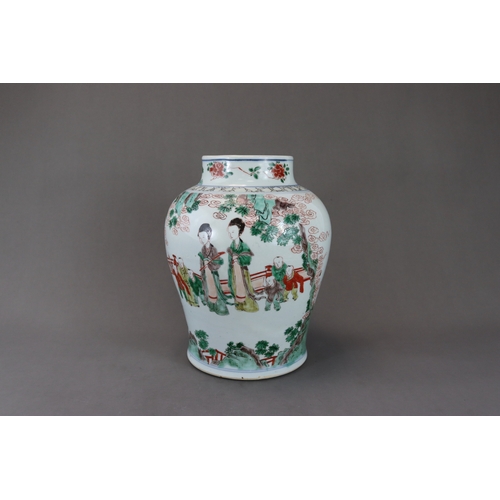 108 - A 'famille verte' Jar and Cover with Boys, early Kangxi, the baluster sides well enamelled between  ... 