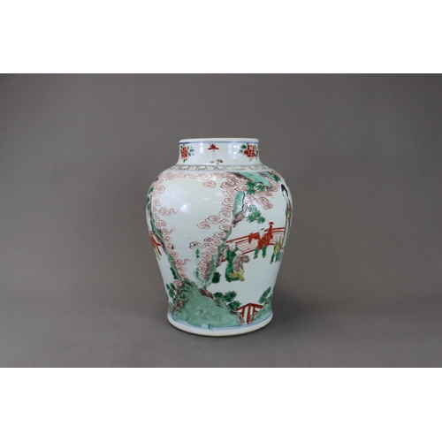 108 - A 'famille verte' Jar and Cover with Boys, early Kangxi, the baluster sides well enamelled between  ... 