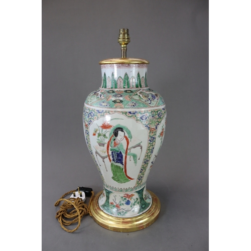 110 - A 'famille verte' Vase with Ladies, Kangxi, decorated around the slender baluster sides with five la... 