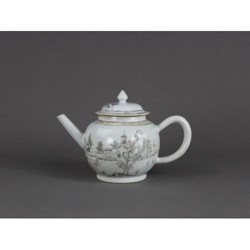 112 - An 'en Grisaille' Landscape Teapot and Cover, Yongzheng, the globular body pencilled with a scholar ... 