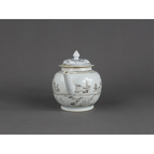 112 - An 'en Grisaille' Landscape Teapot and Cover, Yongzheng, the globular body pencilled with a scholar ... 