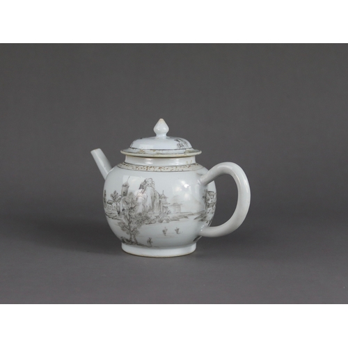 112 - An 'en Grisaille' Landscape Teapot and Cover, Yongzheng, the globular body pencilled with a scholar ... 