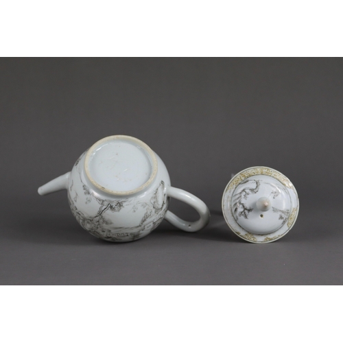 112 - An 'en Grisaille' Landscape Teapot and Cover, Yongzheng, the globular body pencilled with a scholar ... 