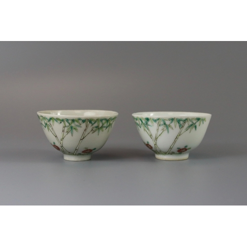 115 - A Pair of Wucai Winecups with Bamboo, Daoguang four character iron red seal marks,  19th century, ea... 