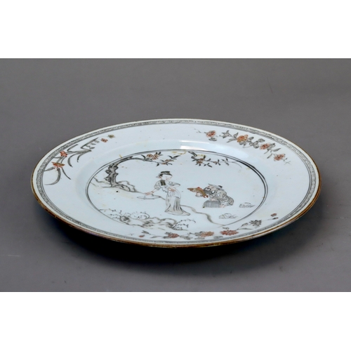 116 - A Fine Grisaille-decorated Figural Plate, Yongzheng, of circular shape, a lady painted in Grisaille ... 