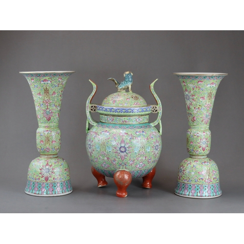 119 - A 'famille rose' Altar Garniture, Guangxu, comprising a globular tripod censer and cover with lion f... 