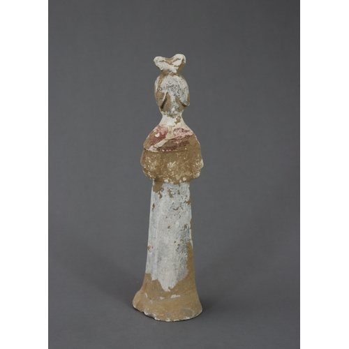 12 - A Painted Pottery Figure of a Lady, Tang dynasty modelled from red pottery, the lady with high hair ... 