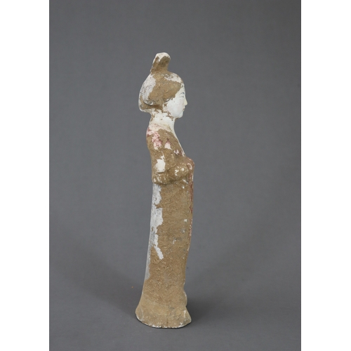 12 - A Painted Pottery Figure of a Lady, Tang dynasty modelled from red pottery, the lady with high hair ... 