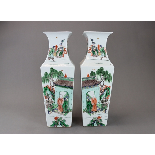 130 - A Pair of 'famille verte' Vases with Figures 19th century, of square section, with waisted neck, ena... 