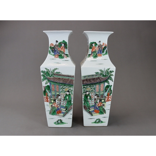 130 - A Pair of 'famille verte' Vases with Figures 19th century, of square section, with waisted neck, ena... 