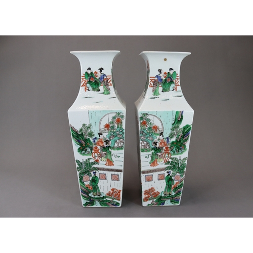 130 - A Pair of 'famille verte' Vases with Figures 19th century, of square section, with waisted neck, ena... 