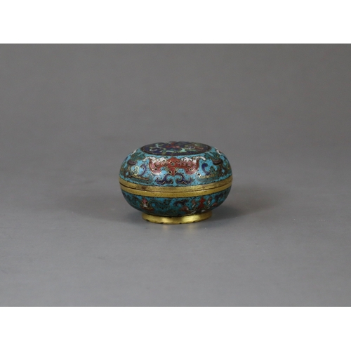 146 - A Good Cloisonne Box and Cover, early 18th century,  of compressed rounded form, the central blue gr... 