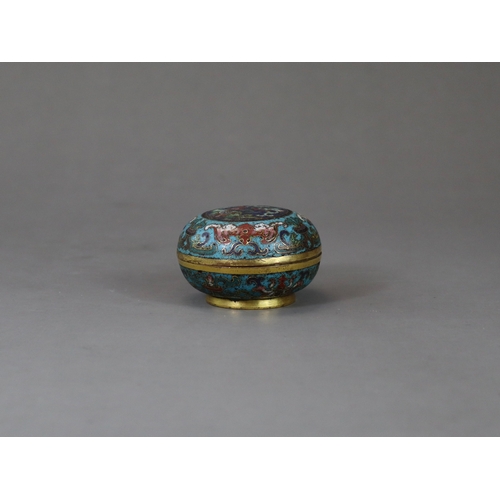 146 - A Good Cloisonne Box and Cover, early 18th century,  of compressed rounded form, the central blue gr... 