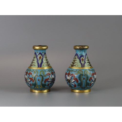 147 - An Attractive Pair of Cloisonne Vases, Qianlong,  of rounded pear shape below a galleried gilt rim, ... 