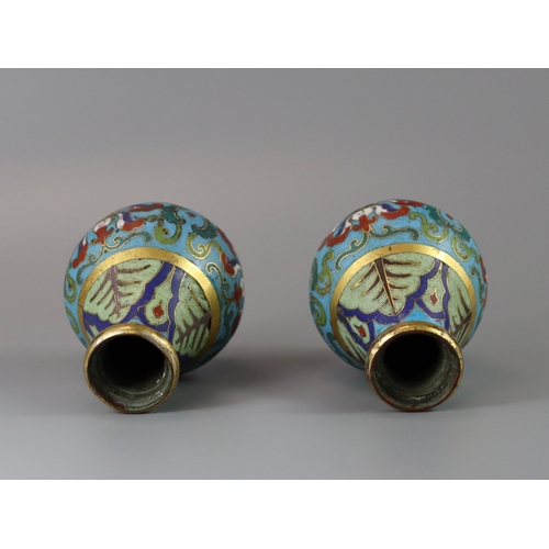 147 - An Attractive Pair of Cloisonne Vases, Qianlong,  of rounded pear shape below a galleried gilt rim, ... 