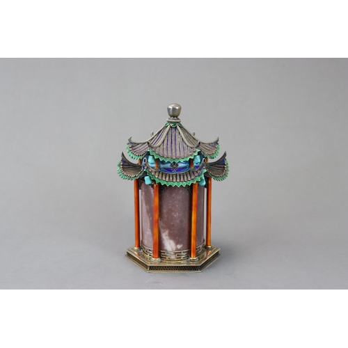 149 - A Silver gilt and Enamel Pagoda Box and Cover, first half 20th century,  consisting of a marble cyli... 