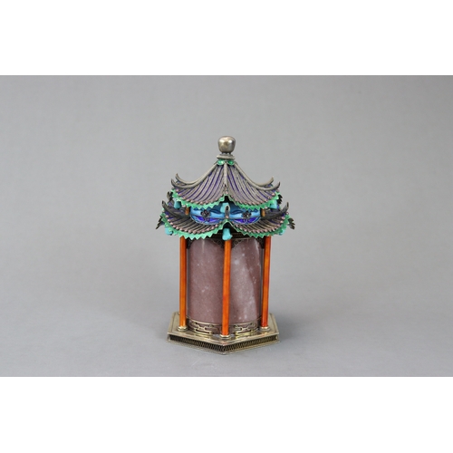 149 - A Silver gilt and Enamel Pagoda Box and Cover, first half 20th century,  consisting of a marble cyli... 