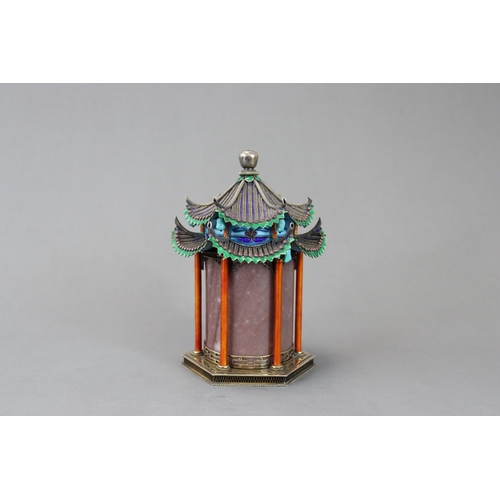 149 - A Silver gilt and Enamel Pagoda Box and Cover, first half 20th century,  consisting of a marble cyli... 