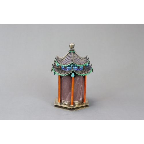 149 - A Silver gilt and Enamel Pagoda Box and Cover, first half 20th century,  consisting of a marble cyli... 