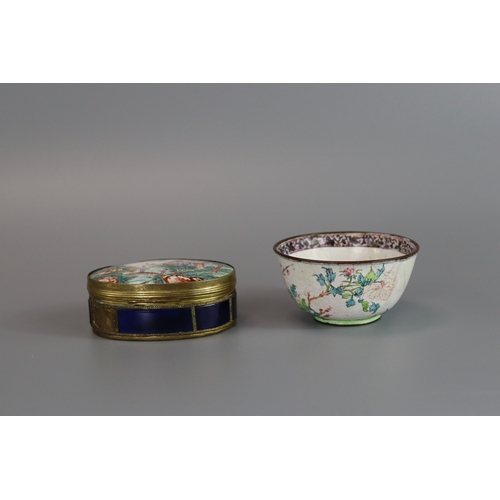 153 - Canton Enamel: a Snuffbox and Cover and a Winecup, Qianlong,  the oval snuffbox mounted in gilt meta... 