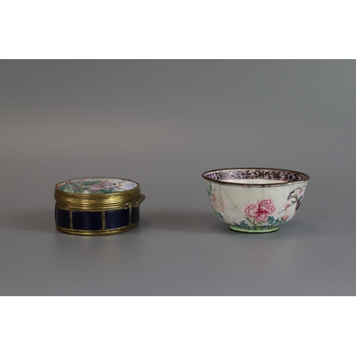 153 - Canton Enamel: a Snuffbox and Cover and a Winecup, Qianlong,  the oval snuffbox mounted in gilt meta... 