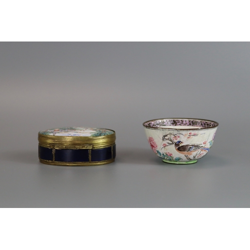 153 - Canton Enamel: a Snuffbox and Cover and a Winecup, Qianlong,  the oval snuffbox mounted in gilt meta... 