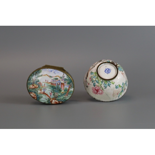 153 - Canton Enamel: a Snuffbox and Cover and a Winecup, Qianlong,  the oval snuffbox mounted in gilt meta... 