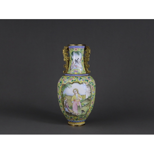 154 - A Fine Pekin Enamel Vase, late Qing/Republic,  in the Qianlong style, of ovoid form,  the waisted ne... 