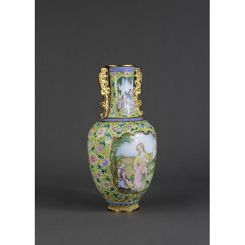 154 - A Fine Pekin Enamel Vase, late Qing/Republic,  in the Qianlong style, of ovoid form,  the waisted ne... 