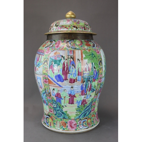 156 - A Large 'Canton famille rose' Temple Jar and Cover, 19th century, the baluster body richly enamelled... 