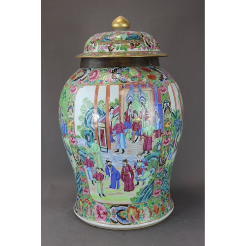 156 - A Large 'Canton famille rose' Temple Jar and Cover, 19th century, the baluster body richly enamelled... 