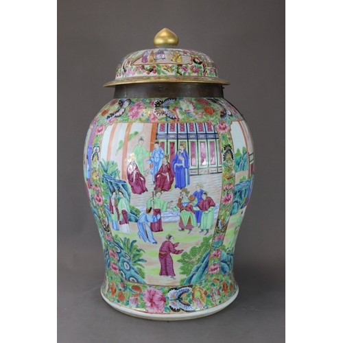 156 - A Large 'Canton famille rose' Temple Jar and Cover, 19th century, the baluster body richly enamelled... 