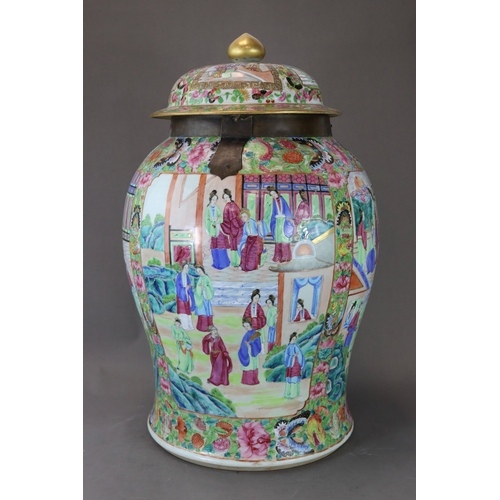 156 - A Large 'Canton famille rose' Temple Jar and Cover, 19th century, the baluster body richly enamelled... 