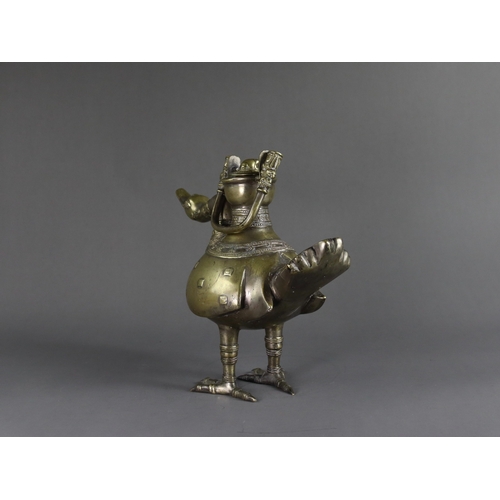 162 - A Bronze Ewer  and Cover in the form of a Goose, Ming dynasty or earlier,  the standing bird cast  w... 