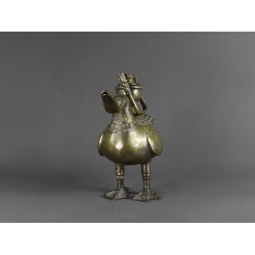 162 - A Bronze Ewer  and Cover in the form of a Goose, Ming dynasty or earlier,  the standing bird cast  w... 