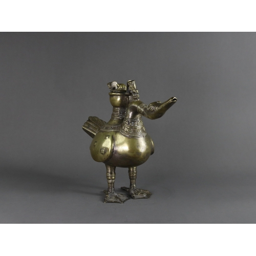 162 - A Bronze Ewer  and Cover in the form of a Goose, Ming dynasty or earlier,  the standing bird cast  w... 