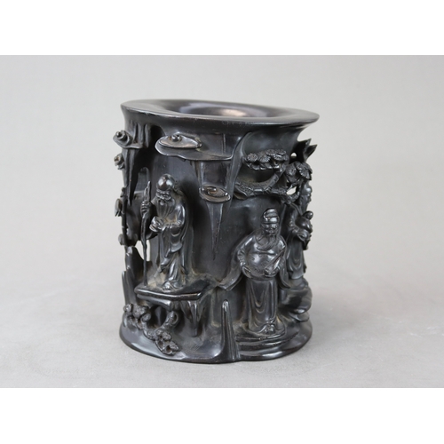 174 - A Wood Brushpot with the Three Star Gods, 19th century, well carved from a heavy dark wood that is p... 